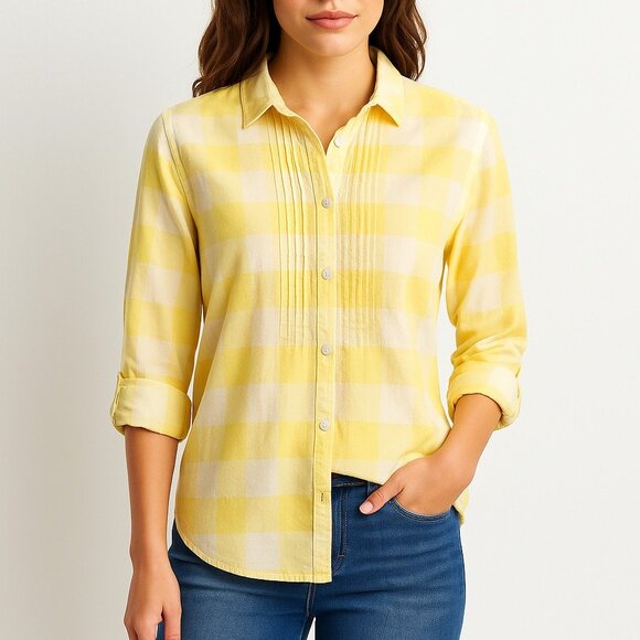 L.L.Bean Womens L Yellow White Plaid Cotton Button Up Shirt Collared Classic - Picture 2 of 16